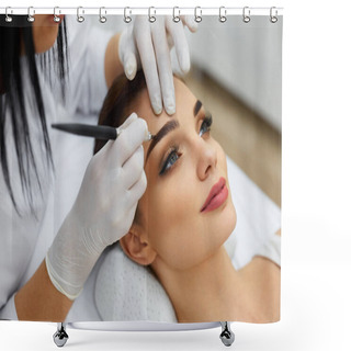 Personality  Beautician Doing Permanent Eyebrows Makeup Tattoo On Woman Face Shower Curtains