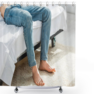 Personality  Cropped View Of Man In Jeans Lying On Bed In Bedroom  Shower Curtains