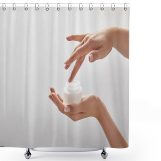 Personality  Cropped View Of Woman Hands Holding Jar With Cream Isolated On White Shower Curtains