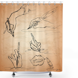 Personality  Vector Illustrations Of An Hand Writing With A Feather Pen, Lips, Lipstick Shower Curtains