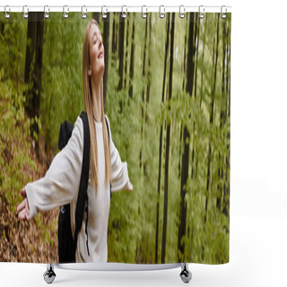 Personality  Smiling Relaxed Blonde Woman Hiker Wearing Sweater And Backpack With Arms  Open In Forest, Banner Shower Curtains