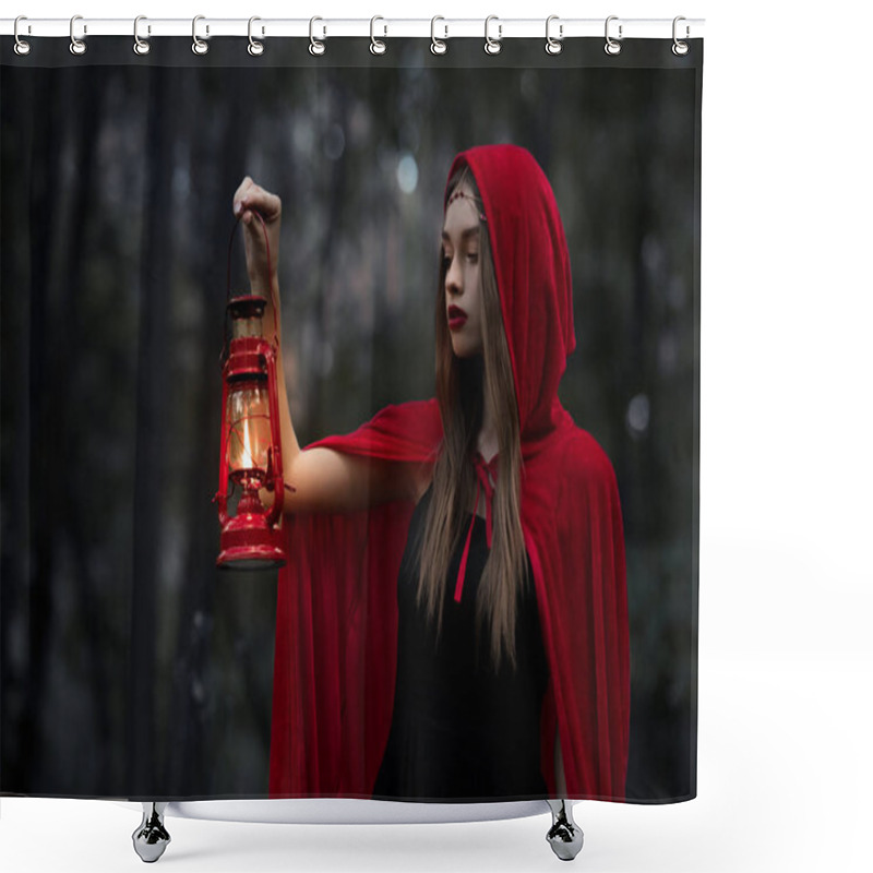 Personality  mystic girl walking in dark forest with kerosene lamp shower curtains