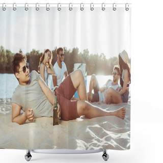 Personality  Young Man Lying On Sandy Beach Shower Curtains