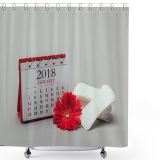 Personality  Close Up View Of Calendar, Flower And Menstrual Pads Isolated On Grey Shower Curtains