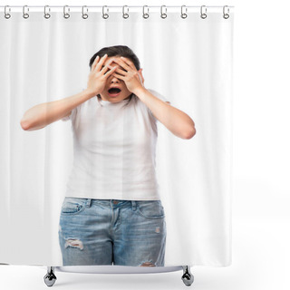 Personality  Scared Young Woman In White T-shirt Covering Face Isolated On White  Shower Curtains
