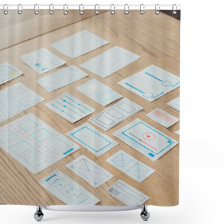 Personality  High Angle View Of Layouts Of User Experience Design On Wooden Table Shower Curtains