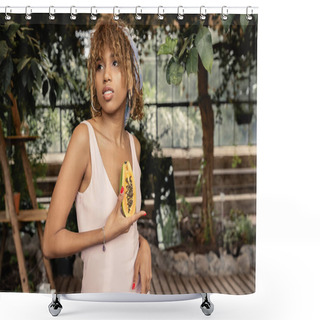 Personality  Young And Stylish African American Woman In Headscarf And Summer Dress Holding Fresh Papaya While Standing Near Foliage, Fashion-forward Lady Inspired By Tropical Plants, Summer Concept Shower Curtains