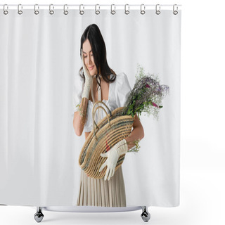 Personality  Sensual Young Woman Holding Straw Bag With Spring Flowers Isolated On White Shower Curtains