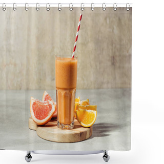 Personality  Fresh Juice In Glass With Orange And Grapefruit Pieces On Wooden Board Shower Curtains