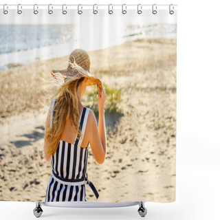 Personality  Back View Of Woman In Straw Hat Walking On Sandy Beach Shower Curtains
