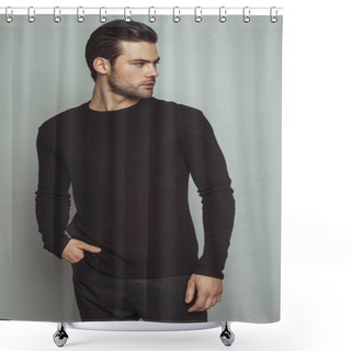 Personality  Muscle Strong Beautiful Stripped Male Model In Black Toxedo And Black Trousers On  Isolated Font Background Shower Curtains