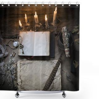 Personality  Background With An Old Book And Paper On The Table With Candles Shower Curtains