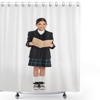 Personality  Happy Schoolgirl In Uniform Reading Book, Brunette Student On White Background, Full Length Shower Curtains