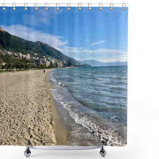 Personality  Summer Cityscape Of Vlore Town. Beautiful Seascape Of Adriatic Sea, Albania. Summer Holidays Concept Shower Curtains
