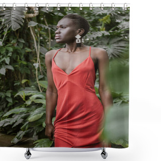 Personality  Beautiful Stylish African American Girl With Short Hair Posing In Red Dress In Garden Shower Curtains