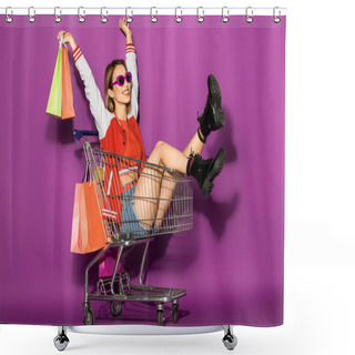 Personality  Beautiful Happy Young Woman In Sunglasses Holding Paper Bags And Sitting In Shopping Trolley On Violet  Shower Curtains
