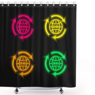 Personality  24 Hours Earth Grid Symbol With Arrows Circle Around Four Color Glowing Neon Vector Icon Shower Curtains