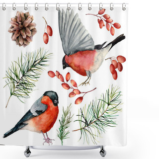 Personality  Watercolor Bullfinch Set. Hand Painted Birds, Winter Berries, Pine Cone And Fir Branch Isolated On White Background. Floral Illustration For Design, Print. Holiday Symbols. Shower Curtains