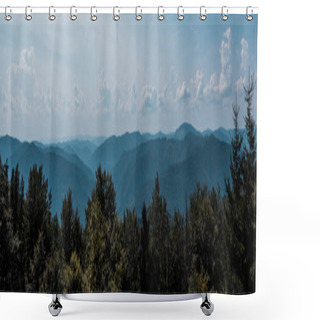 Personality  Panoramic Shot Of Trees And Mountains Against Sky With Clouds  Shower Curtains