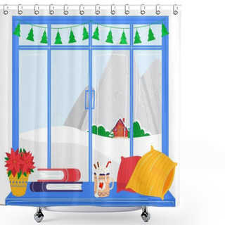 Personality  Joyful Celebration Christmas, White Snow Outside Window, Winter Mood, Cozy Home, Design Cartoon Style, Vector Illustration. Shower Curtains