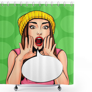 Personality  Pop Art Vintage Poster Comic Girl With Speech Bubble. Pretty Girl Announcing, Telling A Secret, Shouting Or Yelling Shower Curtains