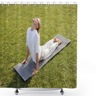Personality  Full Length Of Barefoot Man In White T-shirt And Linen Pants Practicing Yoga In Cobra Pose On Green Lawn  Shower Curtains
