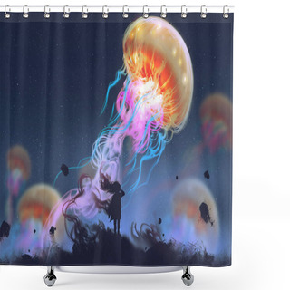 Personality  Girl Looking At Giant Jellyfish Floating In The Sky Shower Curtains