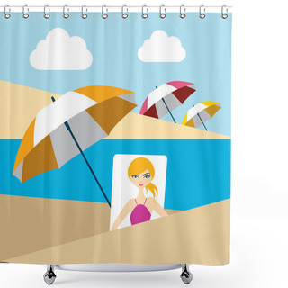 Personality  Woman On Summer Beach. Flat Design. Shower Curtains