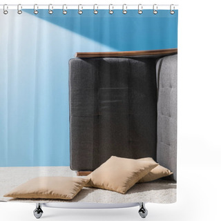 Personality  Couch With Pillows Flipped On Side In Front Of Blue Wall Shower Curtains