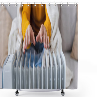 Personality  Cropped View Of Young Man Covered In Blanket Sitting On Sofa And Warming Up Near Radiator Heater, Banner Shower Curtains
