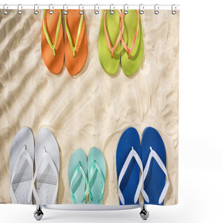 Personality  Top View Of White, Green, Orange, Turquoise And Blue Flip Flops On Sand With Shadows Shower Curtains