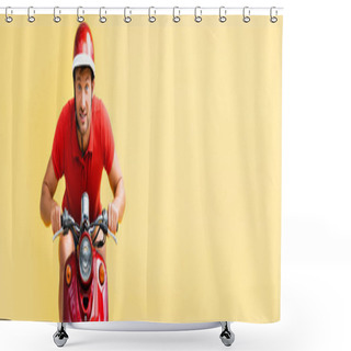 Personality  Excited Man In Helmet Riding Red Scooter Isolated On Yellow, Banner Shower Curtains