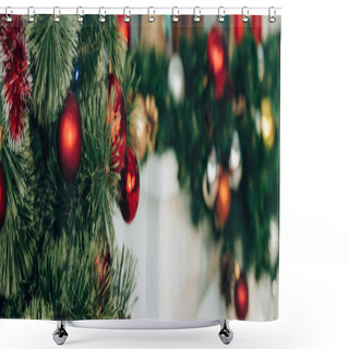 Personality  Panoramic Shot Of Pine Branches With Christmas Balls Shower Curtains