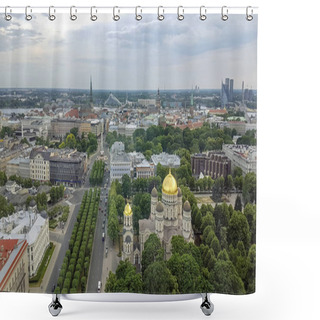Personality  Panoramic Cityscape Streets Of Riga From Above: Aerial Panorama View Of Riga City, Capital Of Latvia Shower Curtains