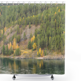 Personality  Autumn Landscape,  View On A Golden Forest And River, Cloudy Day Shower Curtains