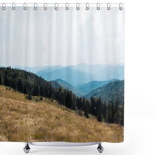 Personality  Golden Meadow In Mountains With Green Trees Against Sky Shower Curtains