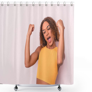 Personality  Young Latin Transsexual Woman Isolated On Pink Background Raising Fist After A Victory, Winner Concept. Shower Curtains