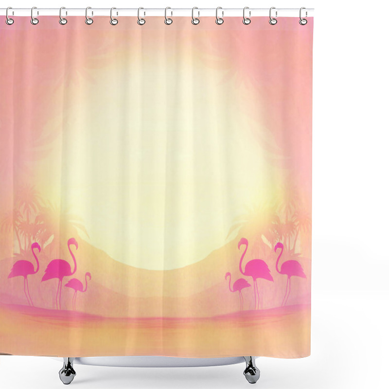 Personality  Flamingos In Wild Nature Landscape During Sunset, Silhouette Illustration Shower Curtains