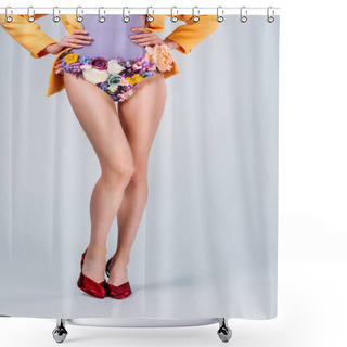 Personality  Cropped Shot Of Girl In Panties Made Of Beautiful Tender Flowers And High Heeled Shoes Standing With Hands On Waist Isolated On Grey Shower Curtains