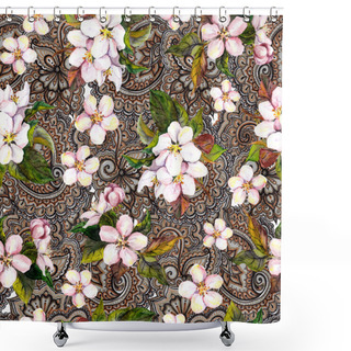 Personality  Sakura Cherry, Apple Tree Flowers On Ornamental Background. Floral Seamless Pattern. Shower Curtains