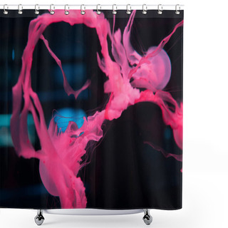 Personality  Jellyfishes With Tentacles In Pink Neon Light On Black Background Shower Curtains