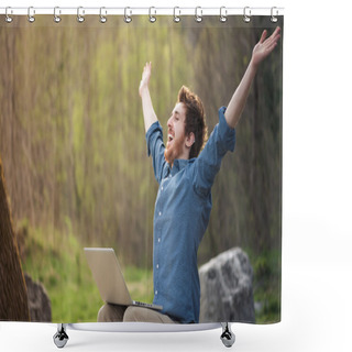 Personality  Happy Hipster With Laptop In The Forest Shower Curtains