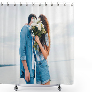 Personality  Couple Embracing And Kissing Behind The Bouquet Near Sea  Shower Curtains