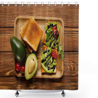 Personality  Top View Of Toasts With Avocados, Cherry Tomatoes On Wooden Background Shower Curtains
