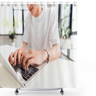 Personality  Partial View Of Teen Boy In White T-shirt Using Laptop At Home Shower Curtains