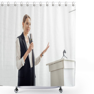 Personality  Attractive Businesswoman Holding Microphone And Talking During Conference In Conference Hall Shower Curtains