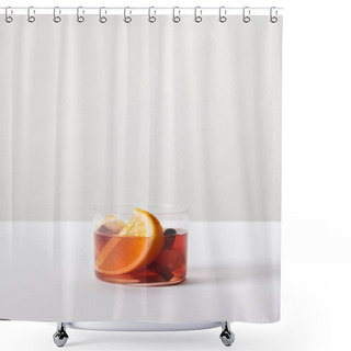 Personality  Close Up View Of Hot Mulled Wine In Glass With Orange Pieces On White Tabletop On Grey Background Shower Curtains