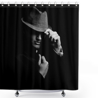 Personality  Low Key Portrait Of Young Gangster With Hat In The Darkness. Shower Curtains
