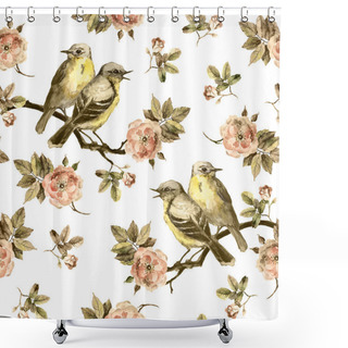 Personality  Vintage Floral Seamless Background With Retro Birds And Roses Shower Curtains