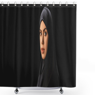 Personality  Panoramic Shot Of Muslim Woman In Hijab Looking At Camera Isolated On Black  Shower Curtains